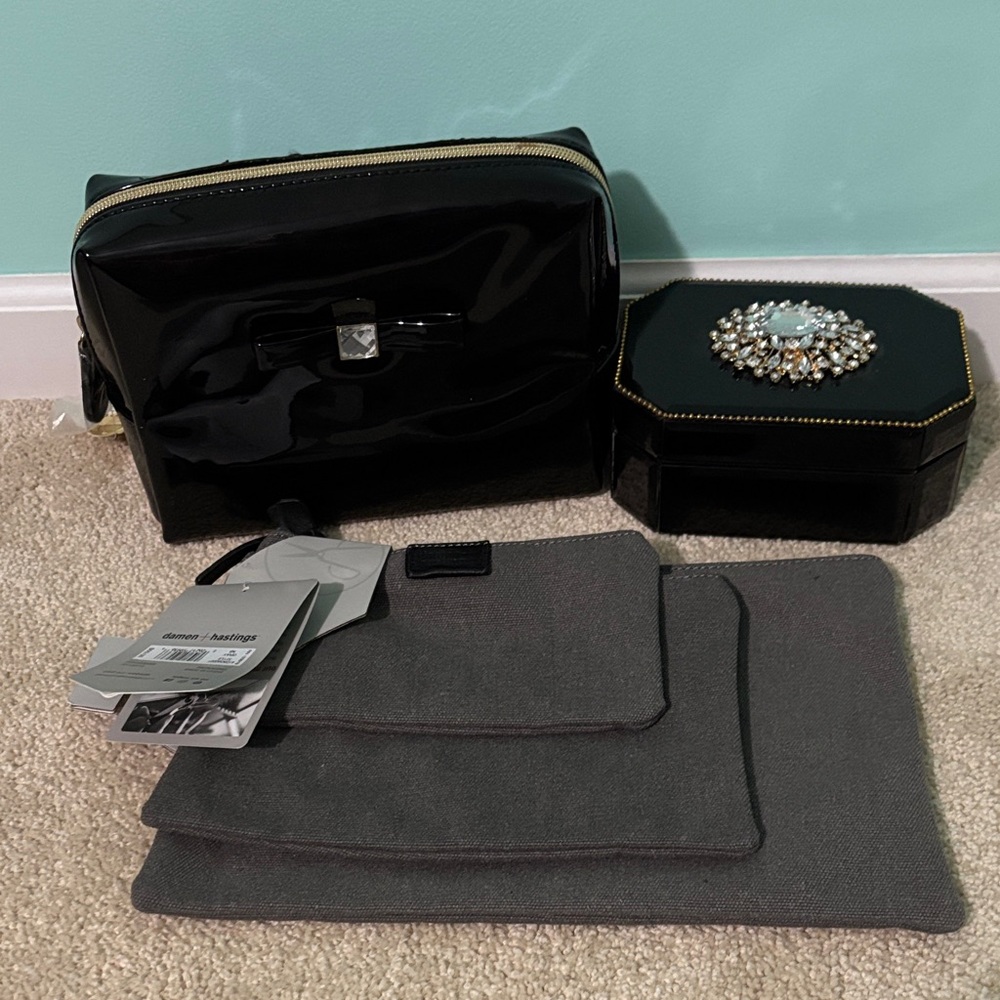 Black Patent Leather Cosmetic Bag with Gray Pouches (his and hers travel sets)